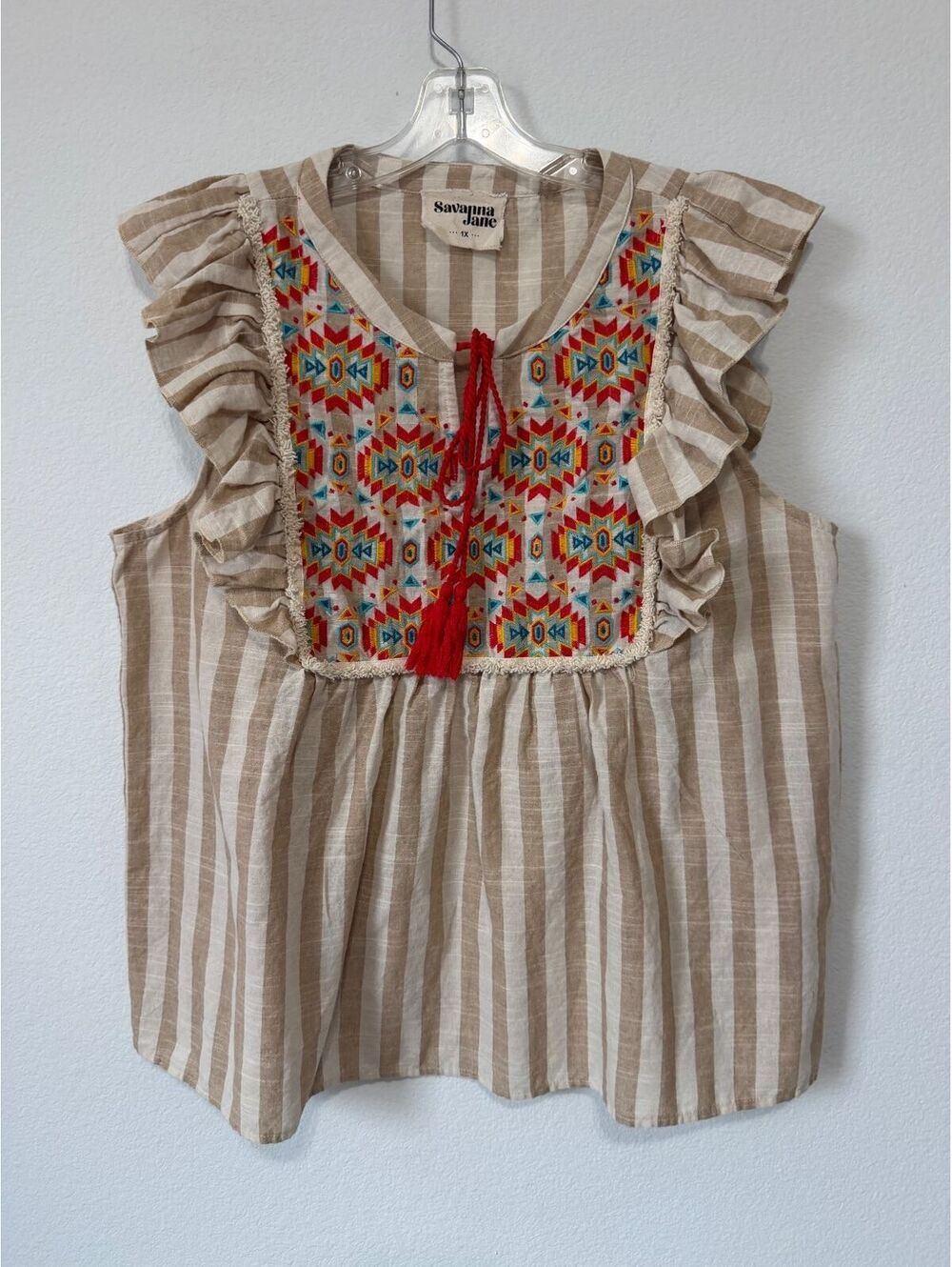 Savanna Jane Beige/Cream Striped Ruffled Short Sleeve Embroidered Blouse Size 1X